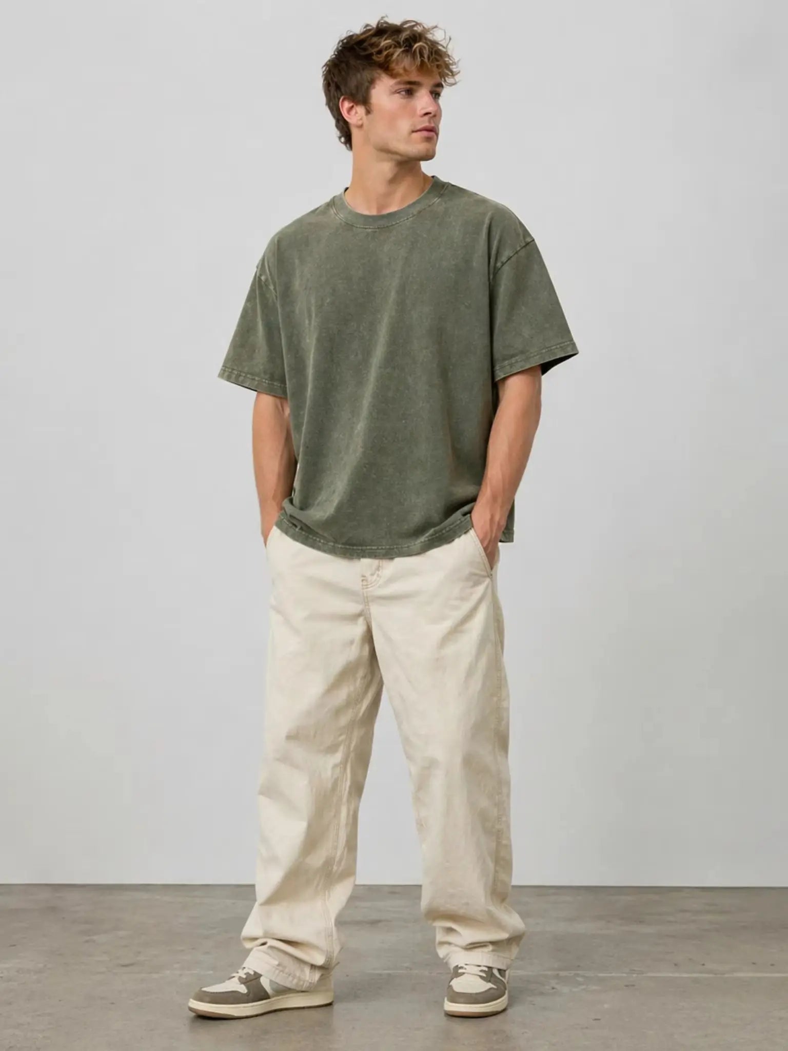Olive 230GSM heavyweight cotton tee worn on a model